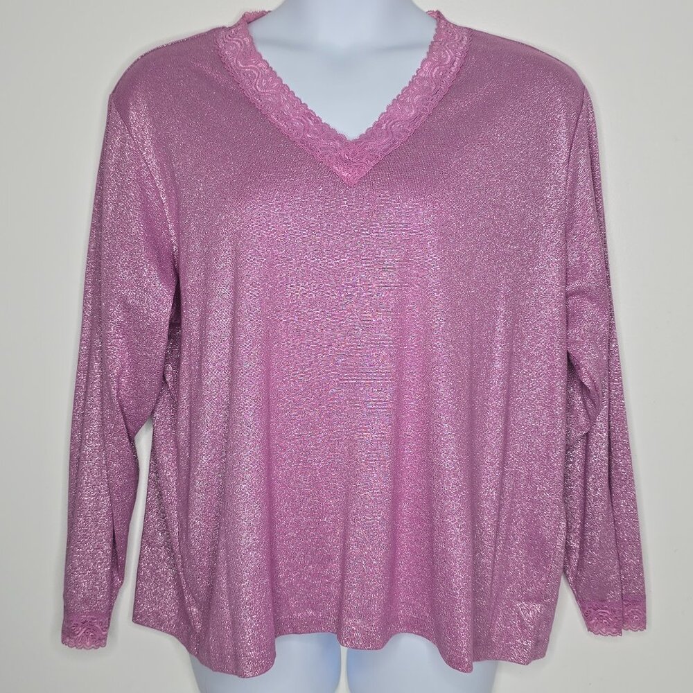 Susan Graver Style Womens Blouse Top Shirt 2X Pink Sparkle Shimmer Lace Trim